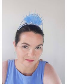 A picture of a blue feathered millinery crown by Melissa Rath Millinery listed on Hatporium