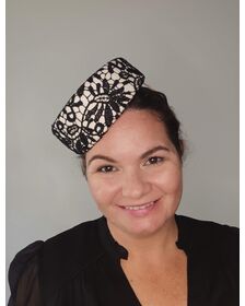 A picture of a Black and White Felt Millinery Pillbox Hat by Melissa Rath Millinery.