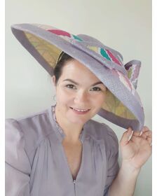 A picture of a wide brim patchwork hat by Melissa Rath Millinery listed on hatporium